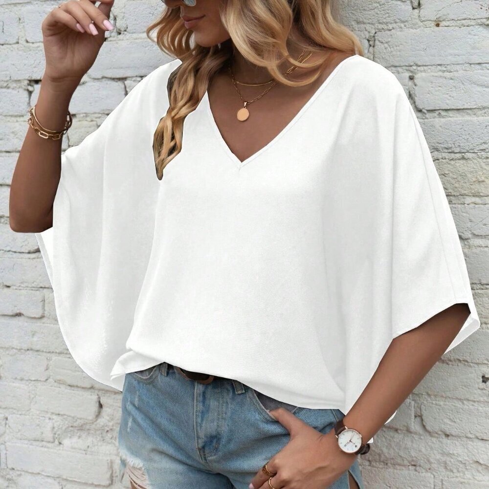 White Casual Women's V-Neck Batwing Sleeve Shirt